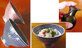 写真／“おかずのうつわ屋 駒筋ご飯茶碗（赤絵・染付）＆楽らく醤油さし”