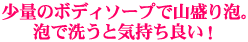 少量のボディソープで山盛り泡。泡で洗うと気持ち良い！
